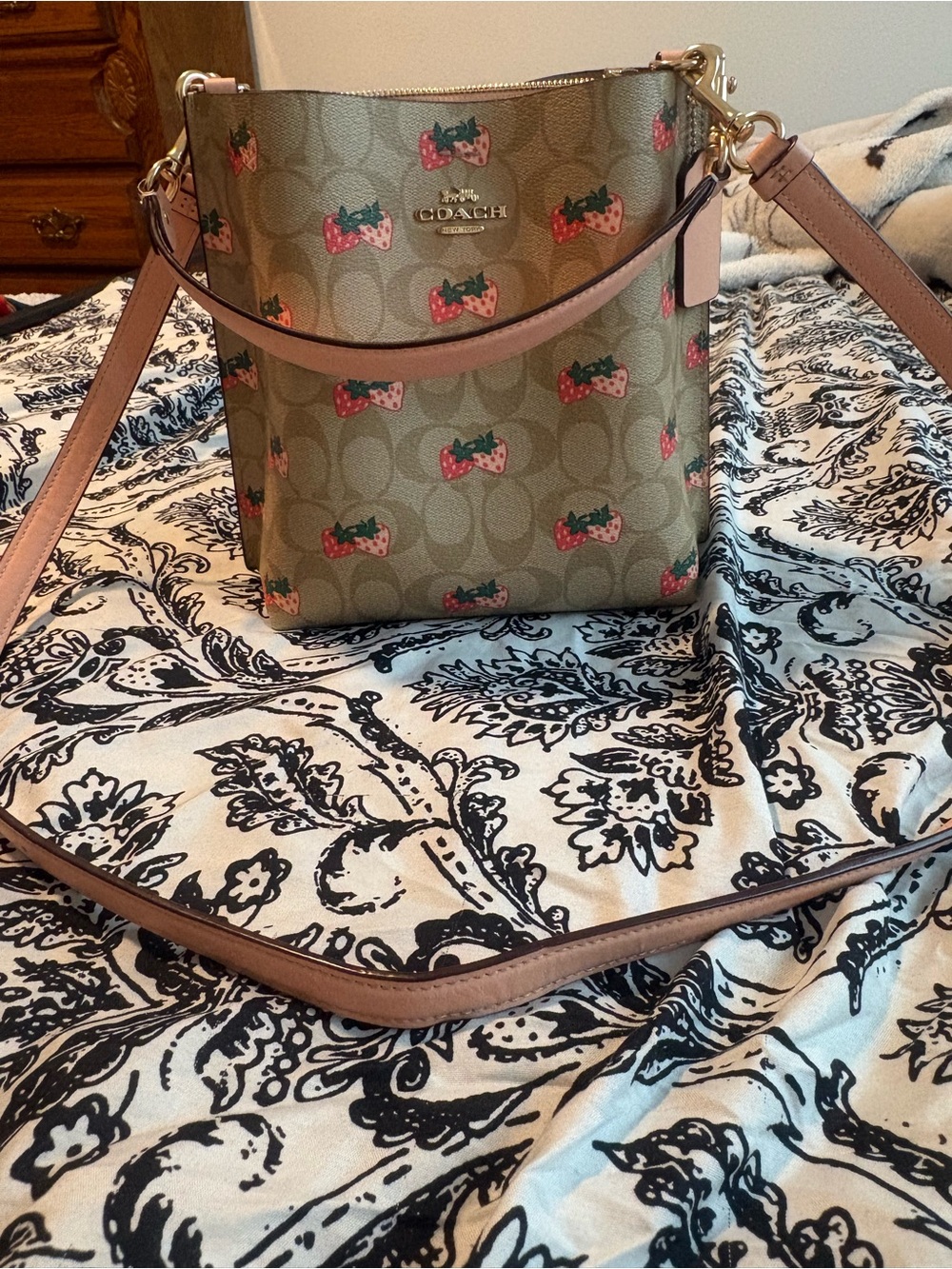 Coach Khaki Signature Crossbody with Pink Strawberry Print